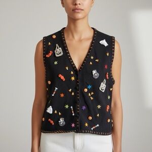 VTG Studio Boo Halloween Sweater Vest Women’s M Black Ghost Candy Stars Knit